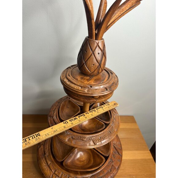 3 tired lazy Susan MCM mid century modern wooden hand carved money pod pineapple - Picture 5 of 9